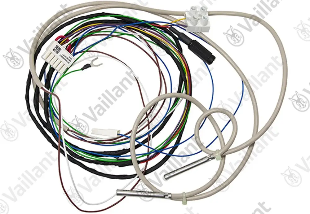 Vaillant Kabelbaum mit mehreren farbigen Drähten und zwei Temperatursensoren, der für den Anschluss von Heizsystemen verwendet wird.